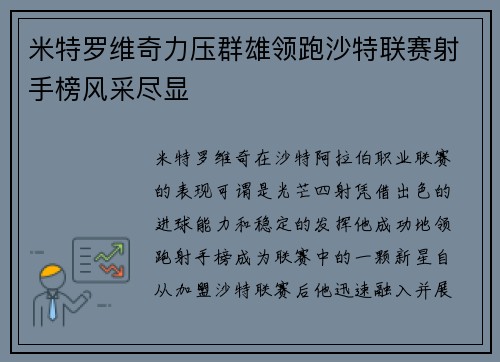 米特罗维奇力压群雄领跑沙特联赛射手榜风采尽显